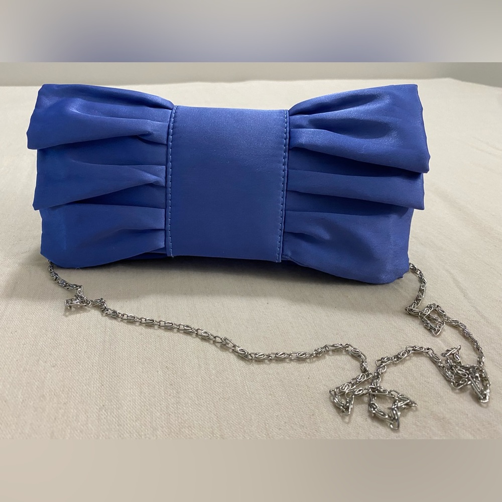 Olga Berg Royal Blue Bow Clutch with Silver Chain
